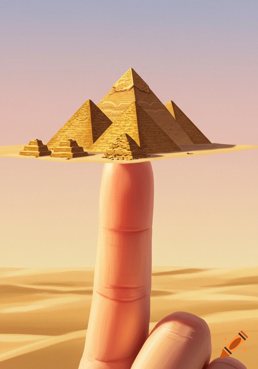Great Pyramids of Giza resting on a fingertip in a desert, in a painterly, illustrated style.