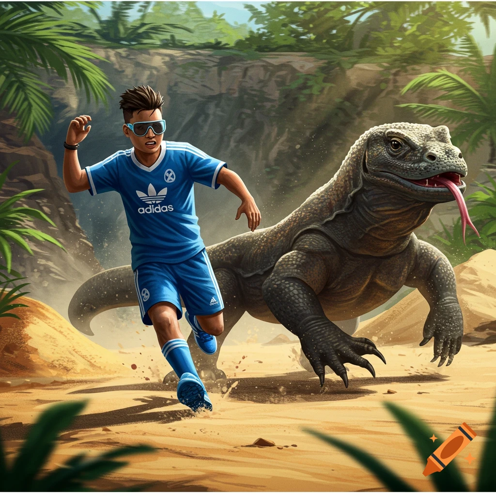 A boy in a blue soccer uniform and sunglasses runs from a large Komodo dragon in a sandy jungle environment.