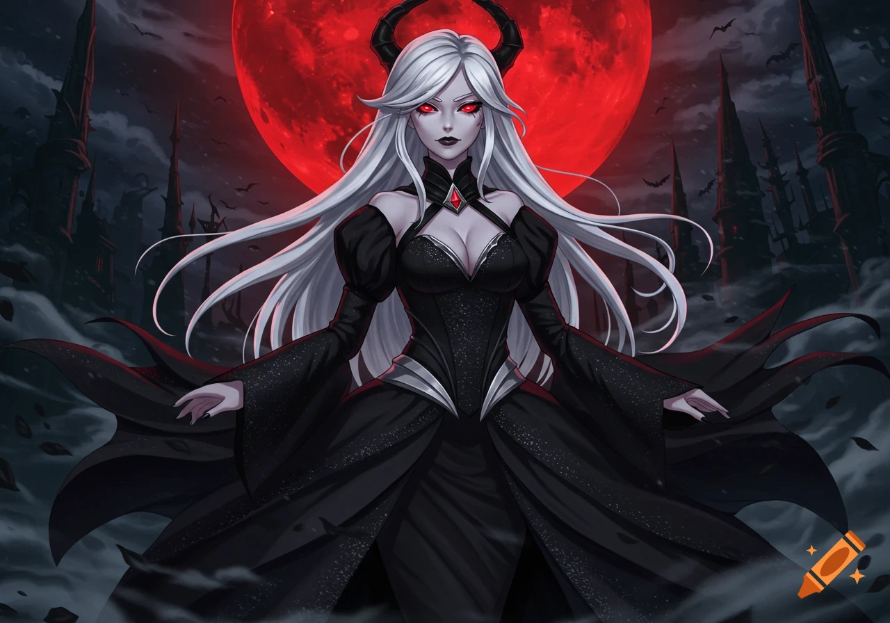 A powerful white-haired horned woman in a black gothic dress stands before a blood-red moon and dark castles in fantasy art style.