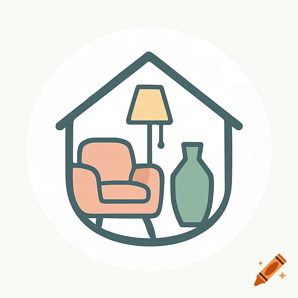 A minimalist logo with a house outline containing a peach armchair, a yellow lamp, and a green vase.