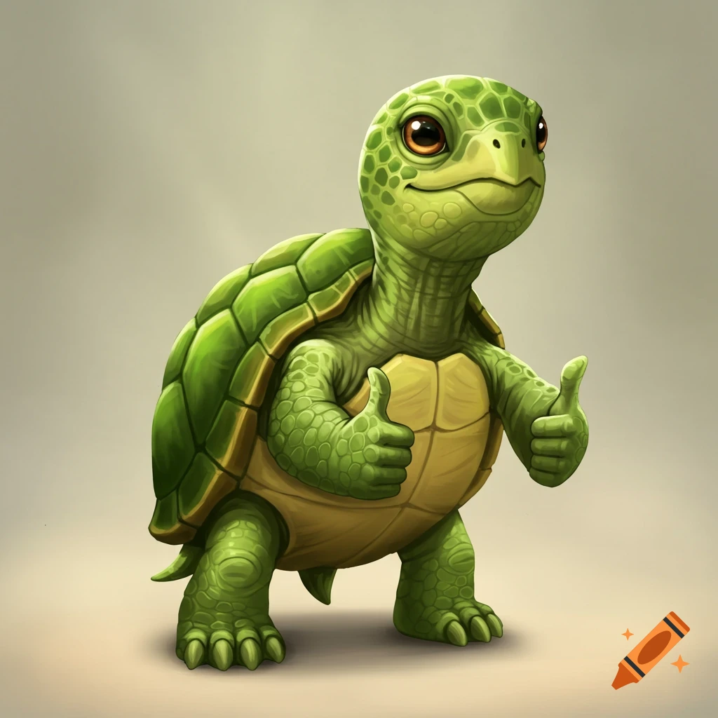 A cute, semi-realistic green turtle stands with both front flippers giving a thumbs up on a neutral background.