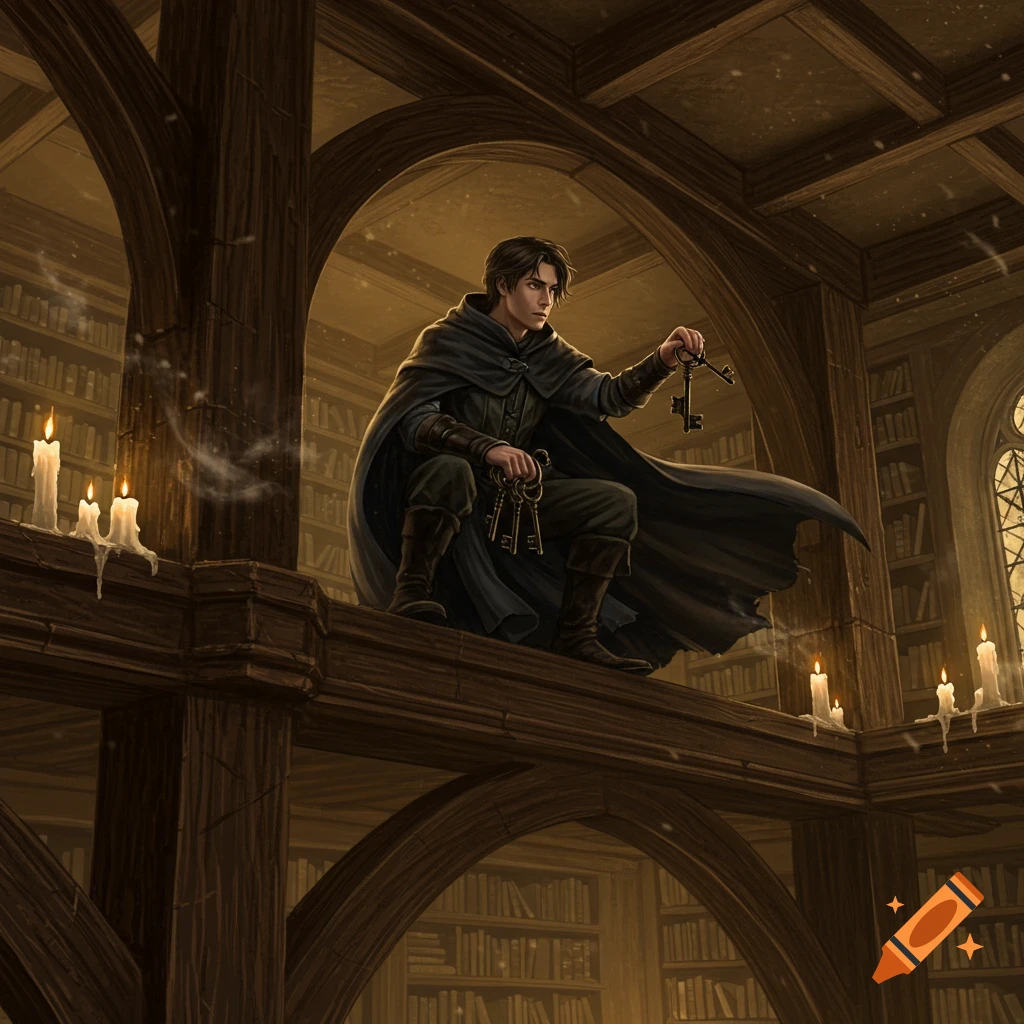 A young sorcerer in a dark cloak sits on a wooden beam in a dusty, candlelit library, holding a set of keys, in a fantasy art style.
