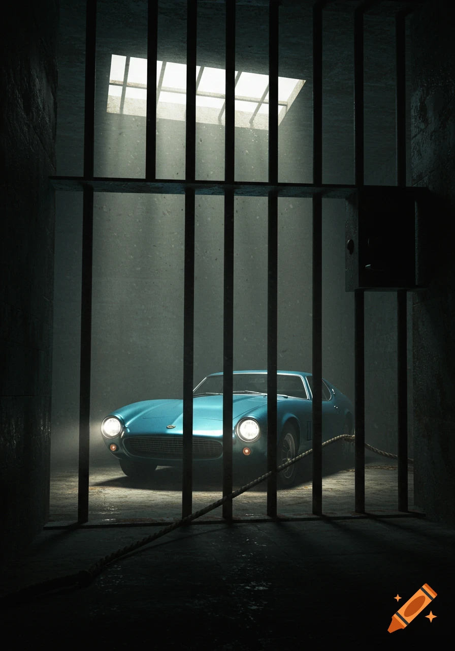 A vintage blue sports car sits behind metal bars in a dark prison cell, illuminated by light from a skylight.