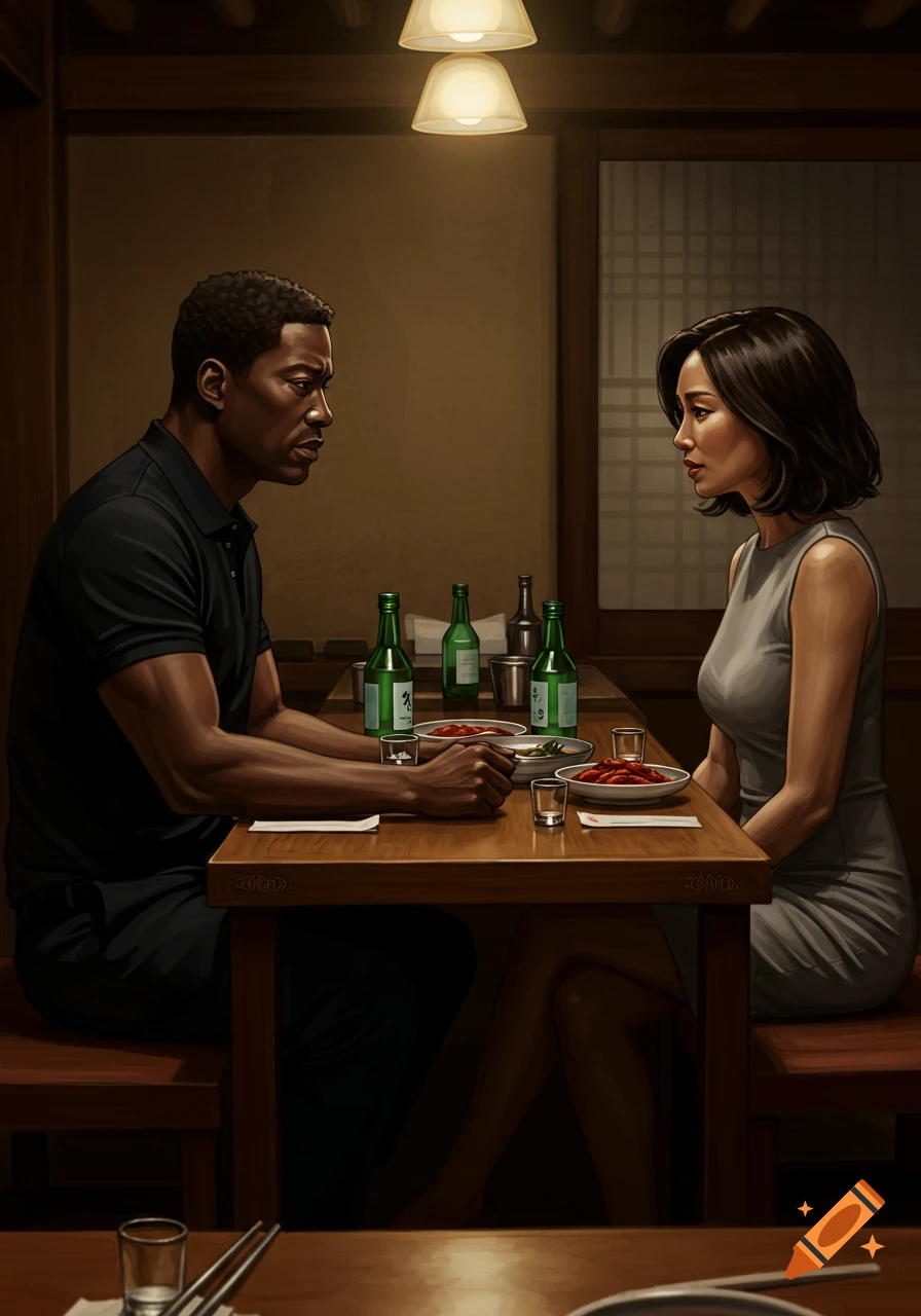 A man and a woman sit across from each other at a table in a dimly lit Korean restaurant, with soju bottles and food. They look at each other with intense expressions in this detailed illustration.