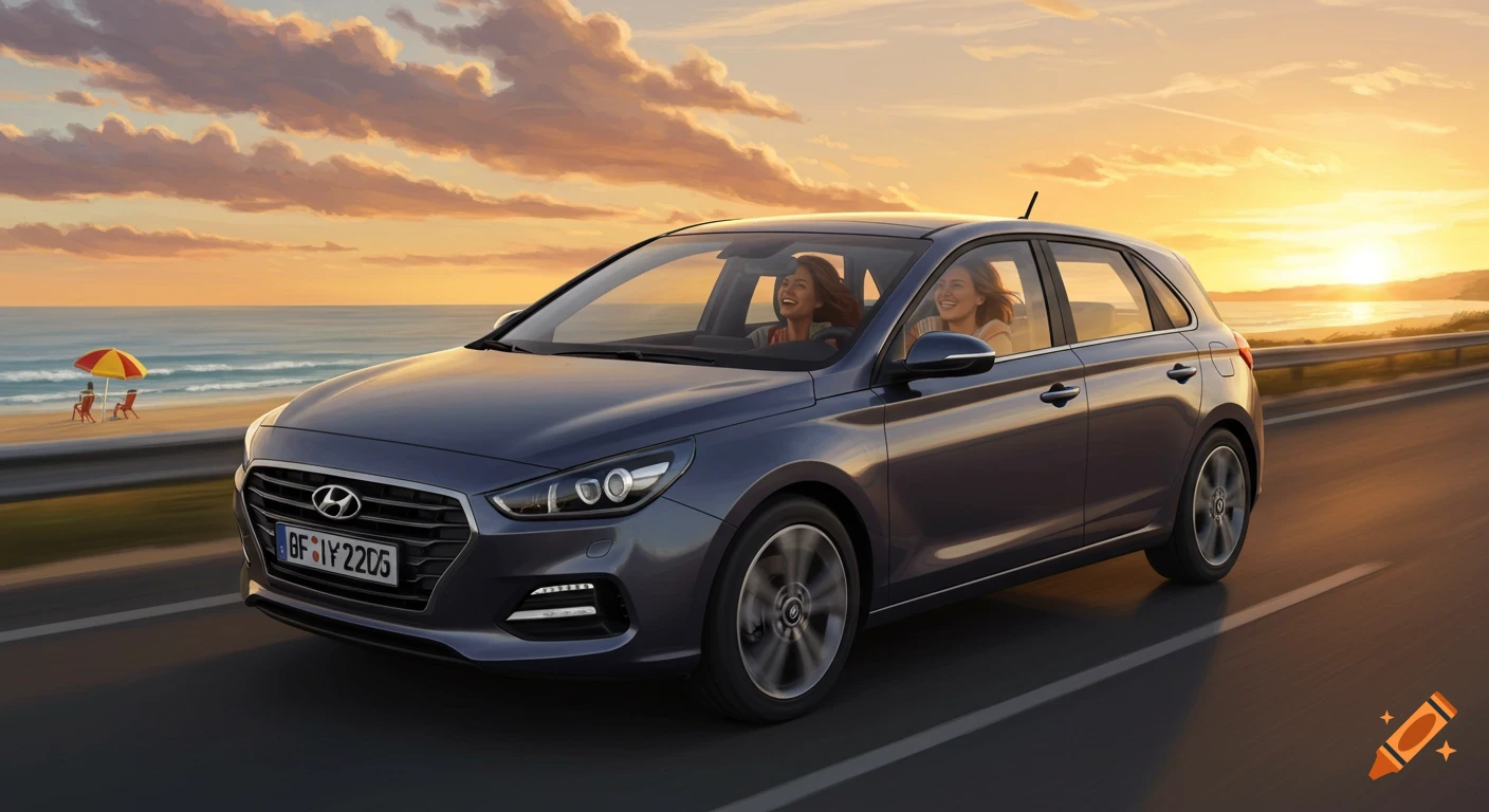 A dark gray Hyundai hatchback drives along a coastal highway at sunset, with two smiling women inside. A beach and ocean are visible to the left.