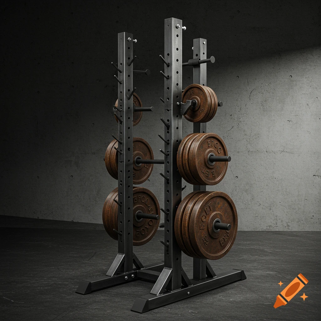 A photorealistic image of a black metal weight stand filled with rusty brown weight plates against a dark concrete background.