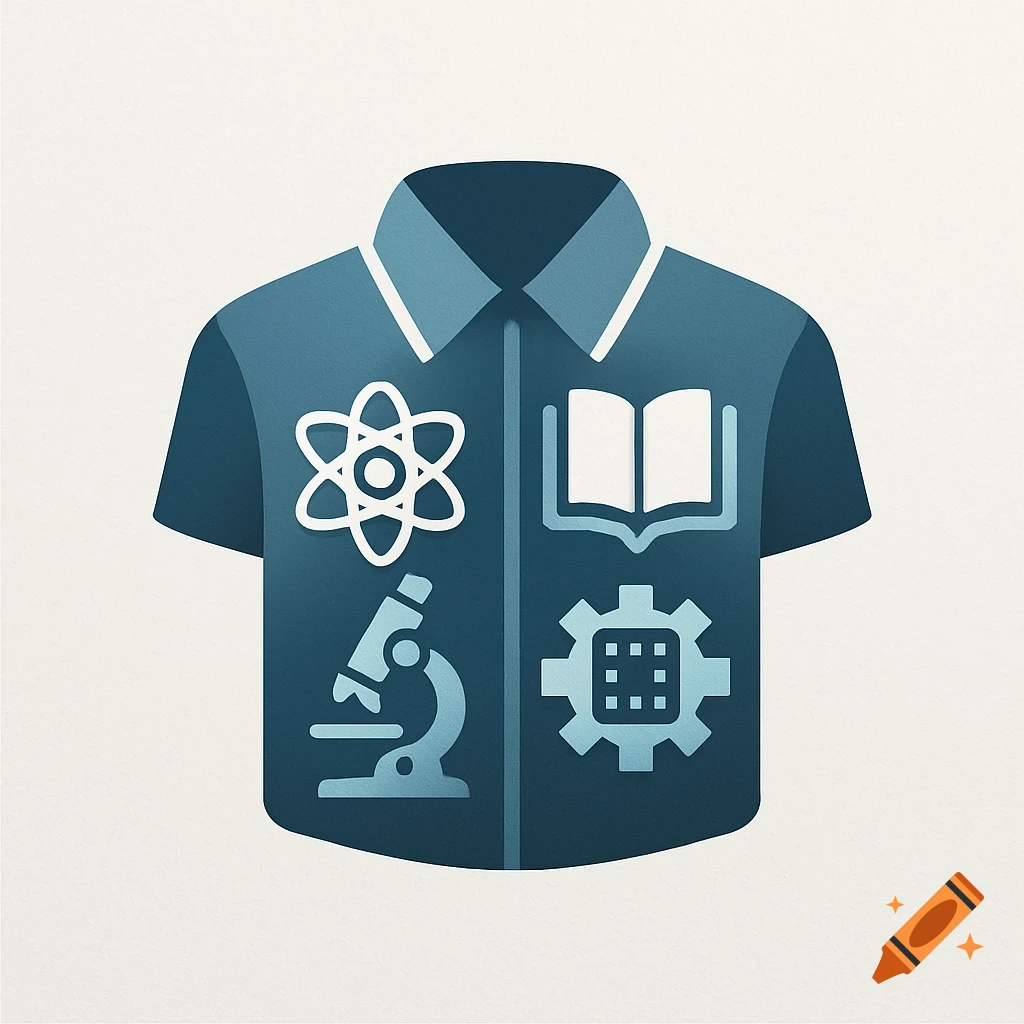 A blue shirt with white icons representing science and education: an atom, an open book, a microscope, and a gear.