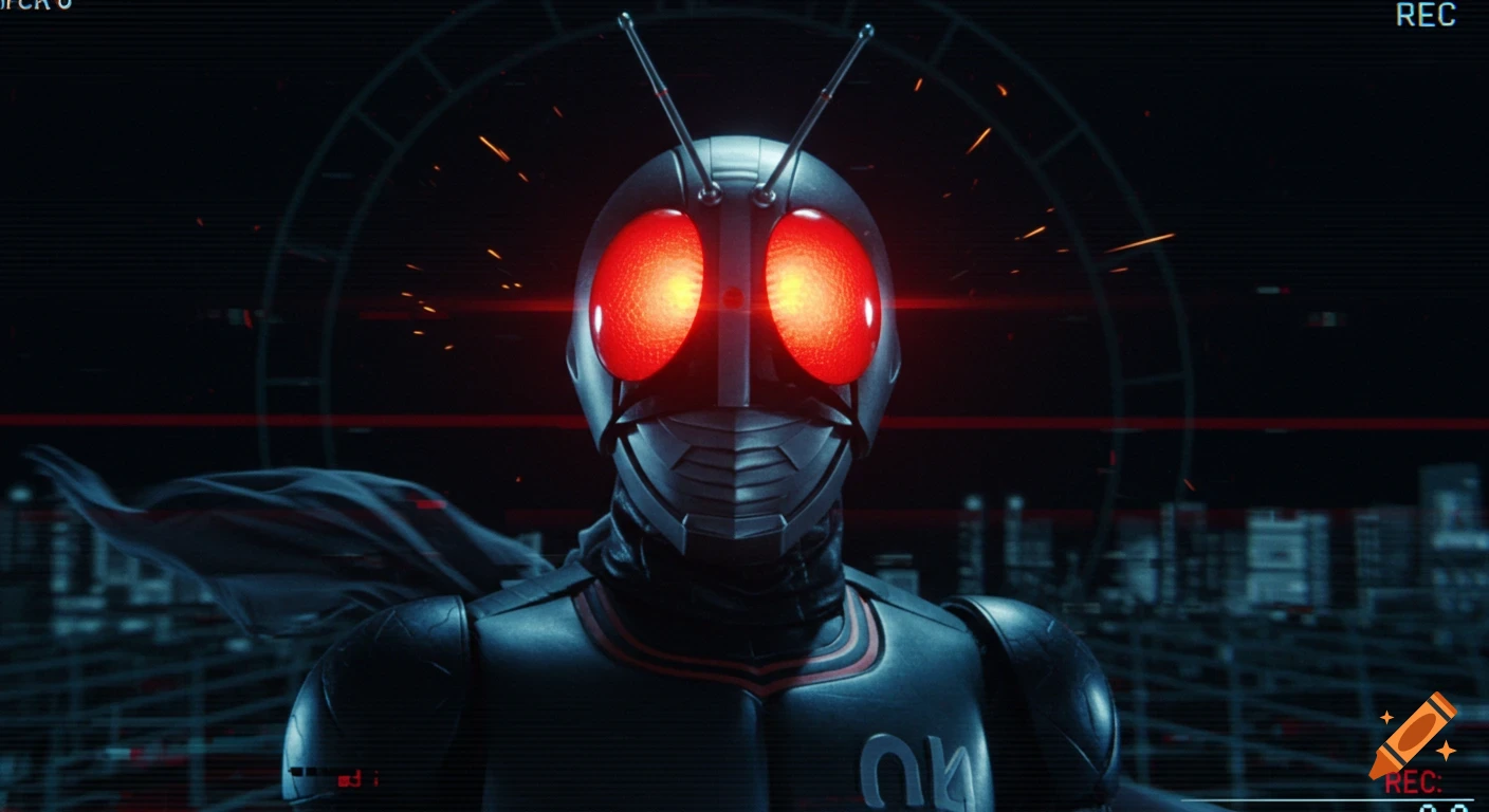 Close-up of Kamen Rider Black's helmet with glowing red eyes and antenna, set against a dark, glitchy background with scanlines and an urban silhouette, in a cinematic Tokusatsu style.