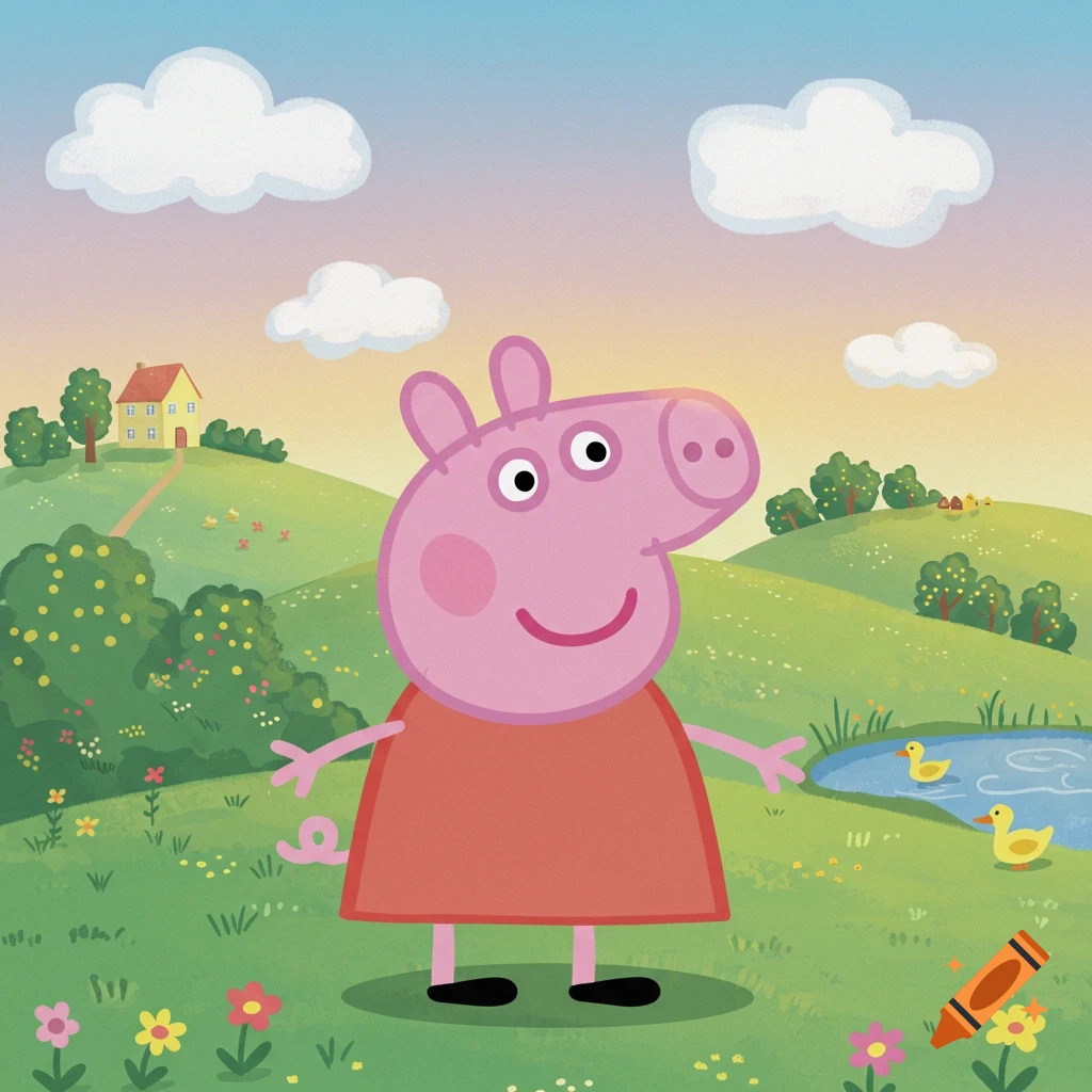 Peppa Pig stands in a colorful cartoon countryside with green hills, clouds, a house, and a pond with ducks.