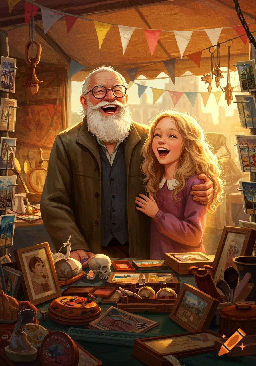 A happy grandfather with a white beard and glasses embraces his laughing granddaughter at a sunny flea market stall filled with various items.
