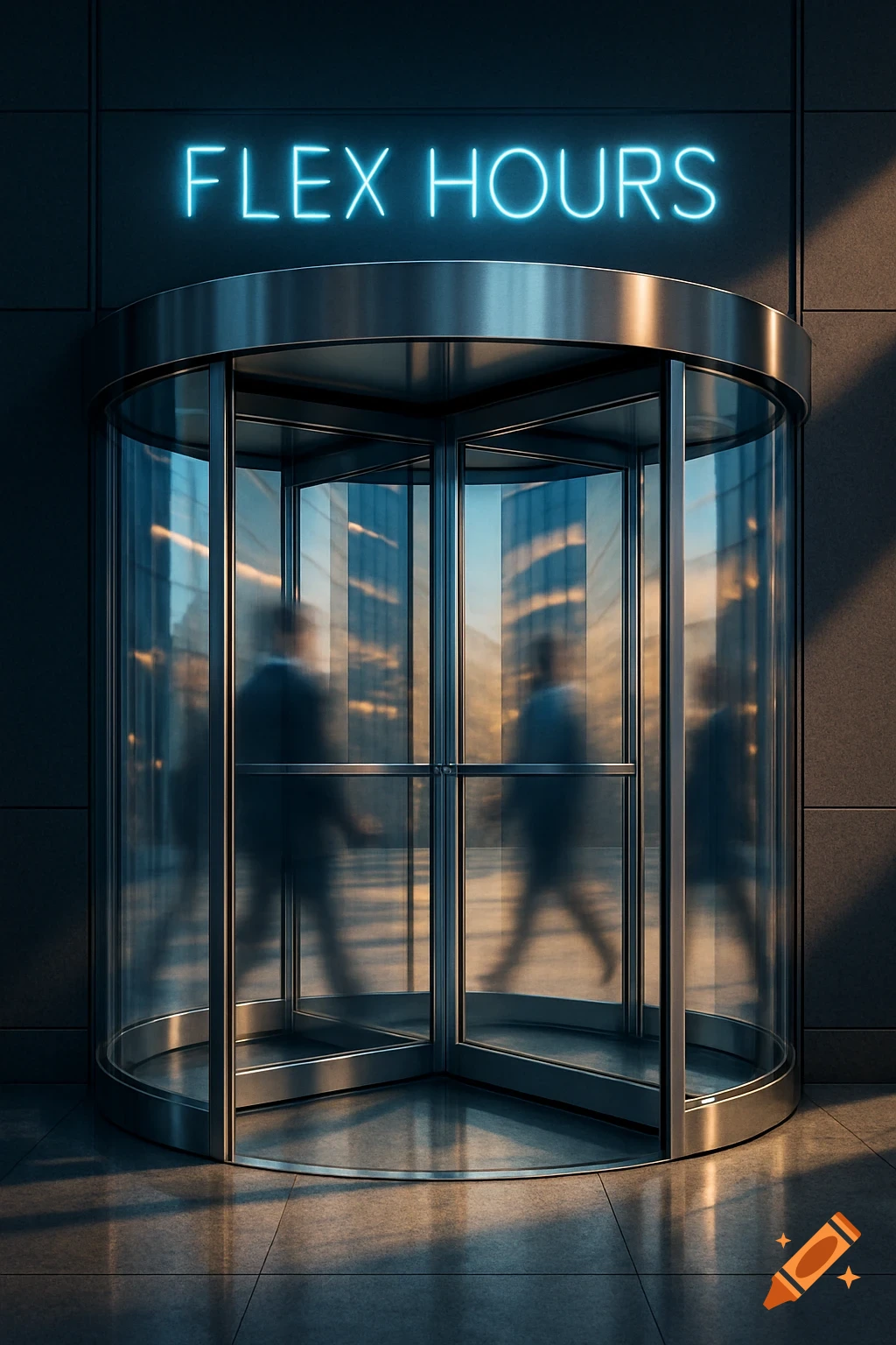 Photorealistic image of a revolving door at a modern building entrance with a glowing neon sign reading 'FLEX HOURS' above it.