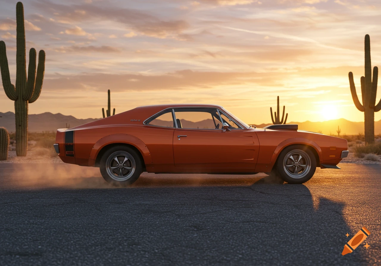 An orange classic muscle car, possibly an AMC AMX, kicks up dust on a desert road at sunset, surrounded by saguaro cacti.