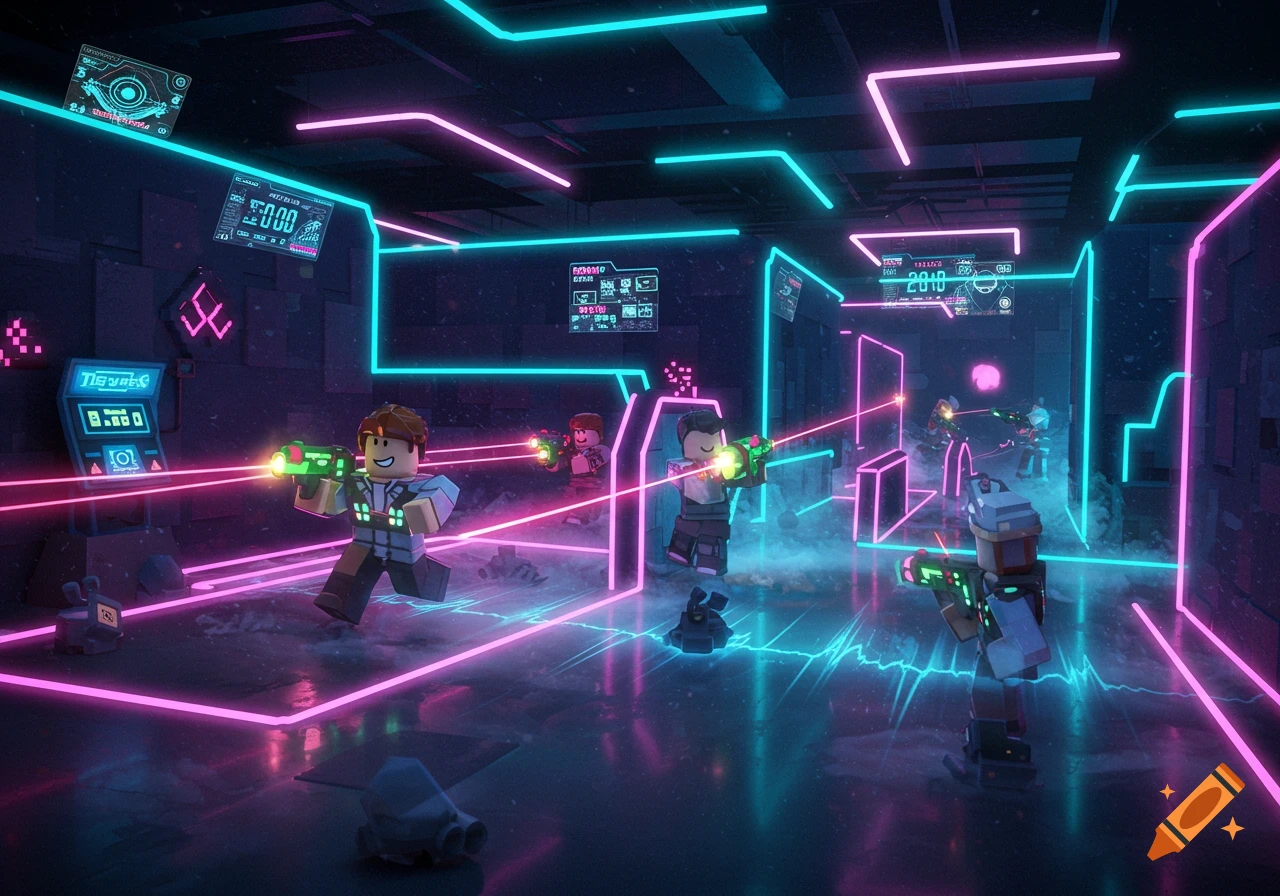 Blocky characters resembling Roblox avatars engage in a neon-lit laser tag game within a futuristic arena.