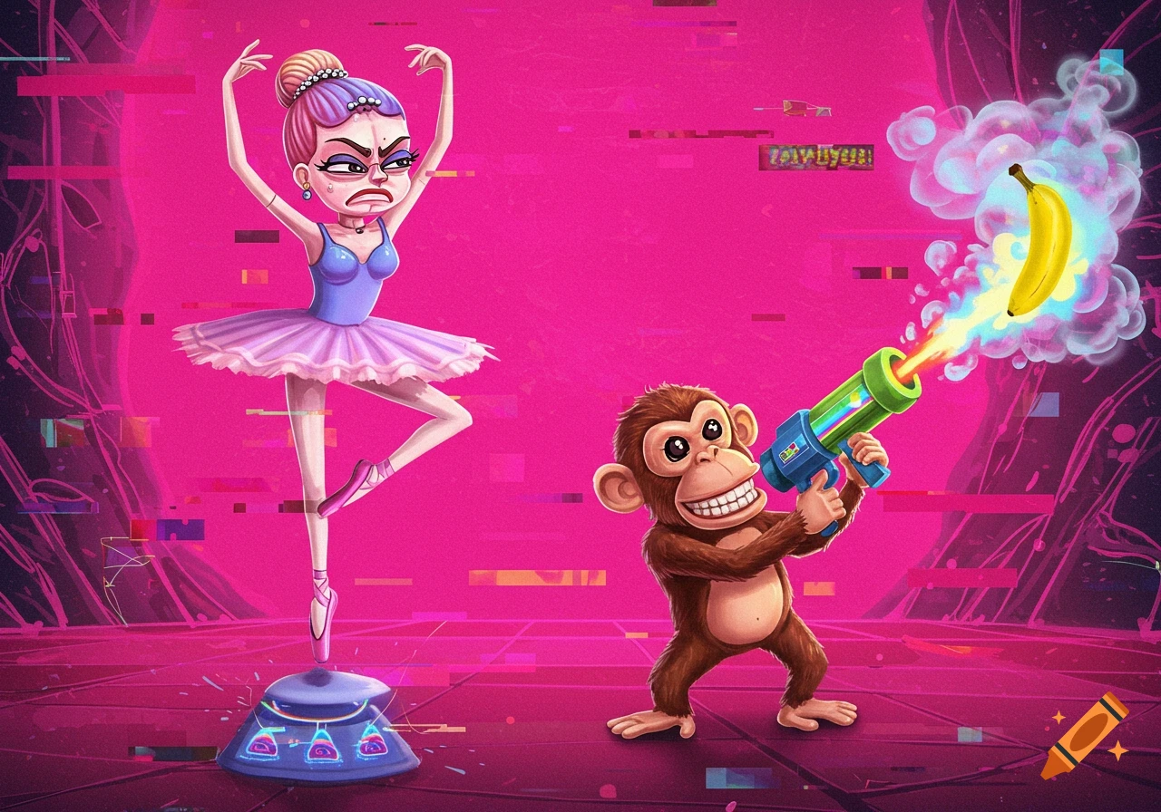 Cartoon of an angry ballerina and a smiling monkey with a banana bazooka shooting a banana, on a pink glitch background.