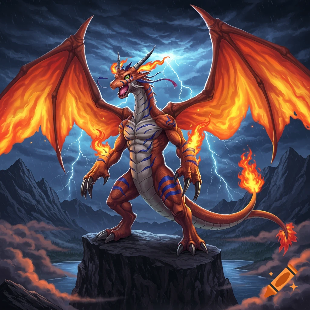 A powerful, muscular dragon-like creature with fiery orange wings and blue stripes stands on a rock under a stormy, lightning-filled sky.