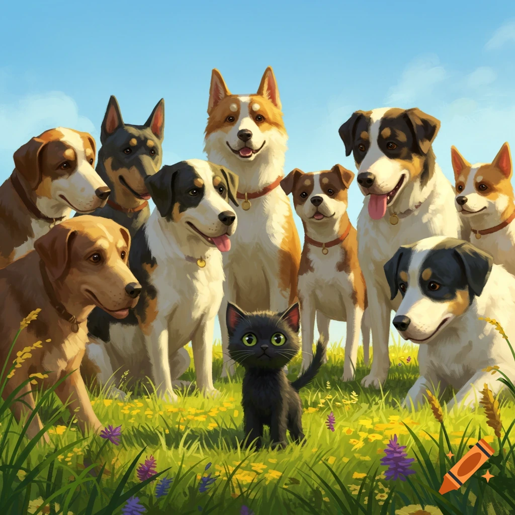 A small black cat stands in a grassy field surrounded by several large dogs, rendered in a cartoonish style.