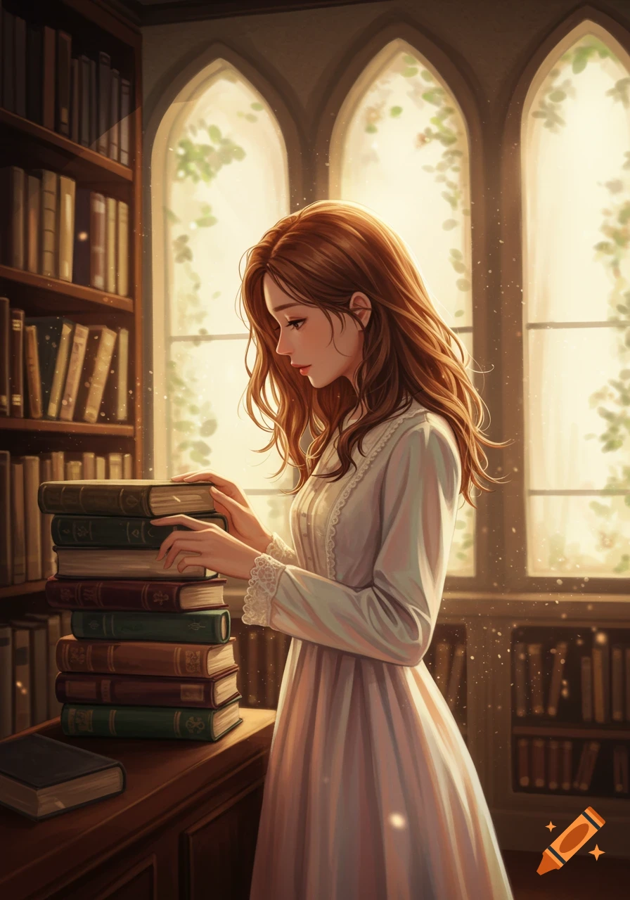 A young woman with long brown hair stands in a sunlit library, looking down at a stack of books on a wooden table.