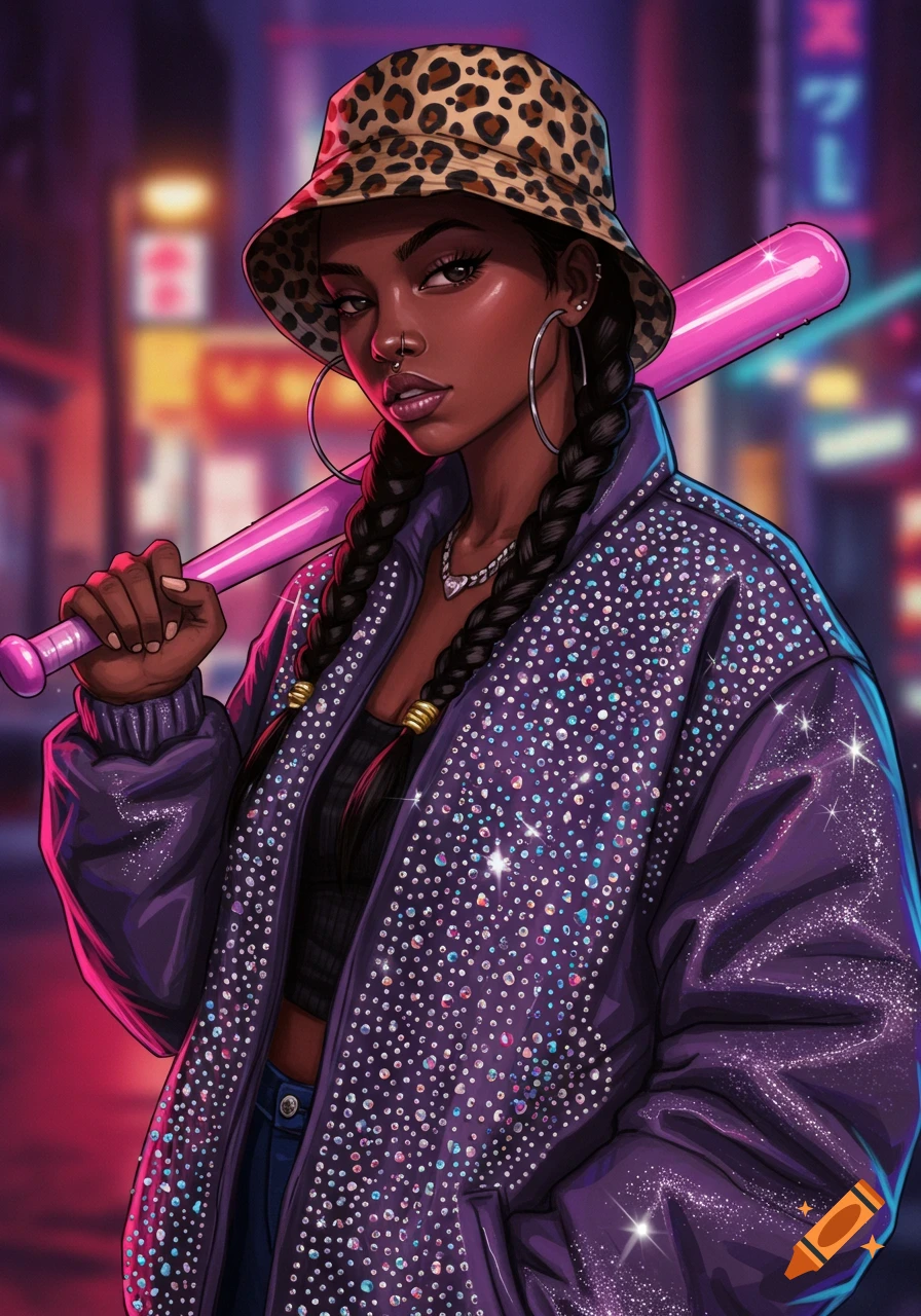 A dark-skinned woman with braids and a leopard print bucket hat holds a pink baseball bat over her shoulder, wearing a sparkling purple jacket, in a neon-lit city setting. Digital art style.