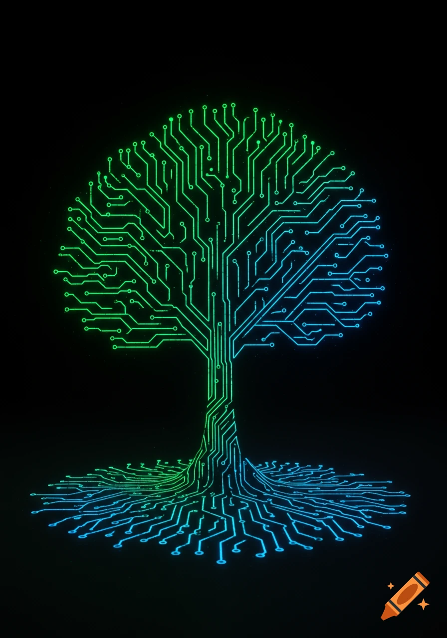 A glowing digital tree formed by neon green and blue circuit lines on a dark background.