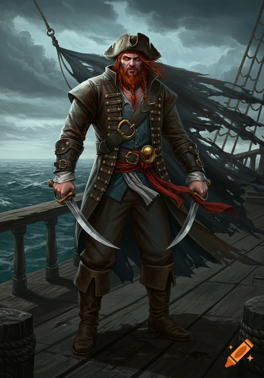 A red-haired pirate captain stands on a ship deck, holding two curved knives, with a stormy sea and sky behind him. Digital painting.