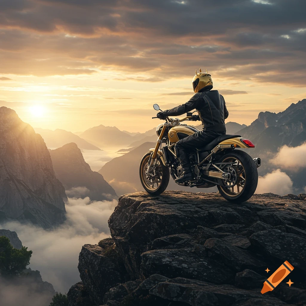 A person in a gold helmet and black leather suit sits on a gold motorcycle on a rocky mountain peak, looking out over a cloudy mountain range at sunrise.