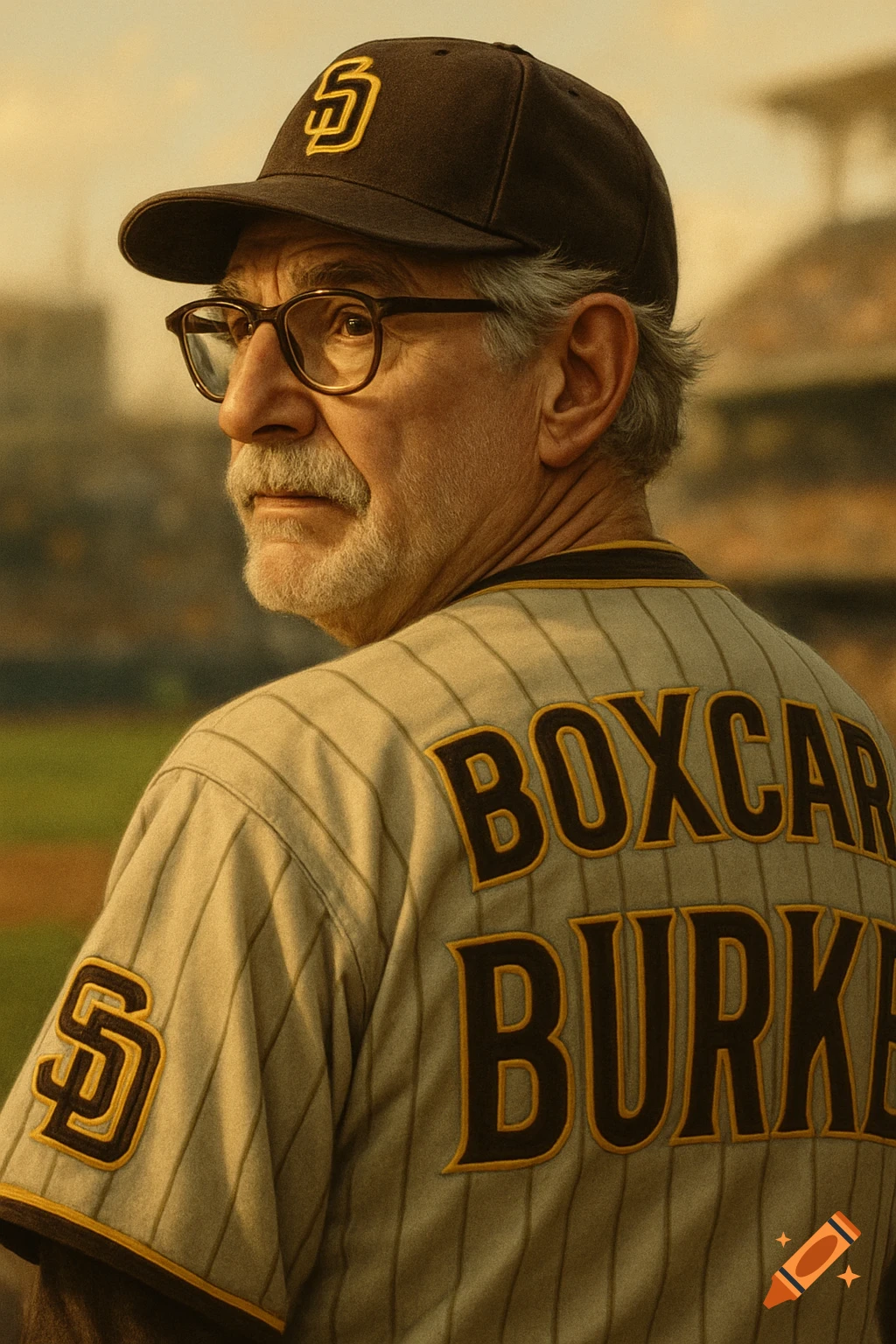 A photorealistic portrait of an older man with glasses and a beard, wearing a brown Padres baseball cap and a striped Padres jersey with 'BOXCAR BURKE' on the back, looking over his shoulder on a baseball field.