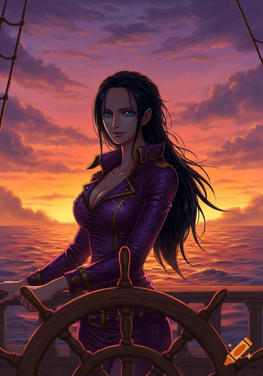 Anime illustration of Nico Robin from One Piece standing at a ship's helm during a vibrant sunset over the ocean.