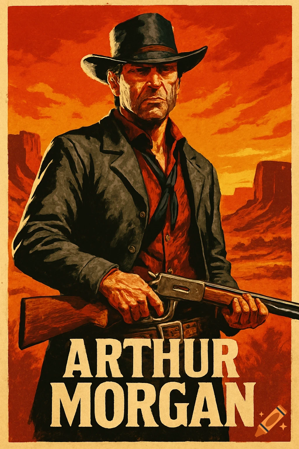 A stylized western poster of Arthur Morgan, a cowboy in a hat and coat, holding a rifle against an orange desert landscape with mesas.