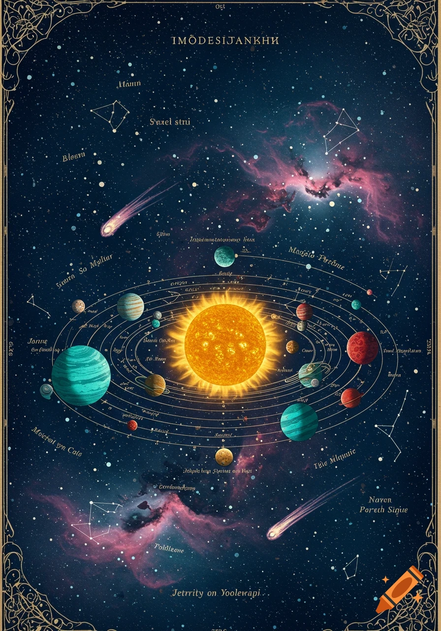 A stylized map of a fictional solar system, with a bright sun at the center and planets orbiting, set against a star-filled cosmos with nebulas and constellations. The map has ornate borders.
