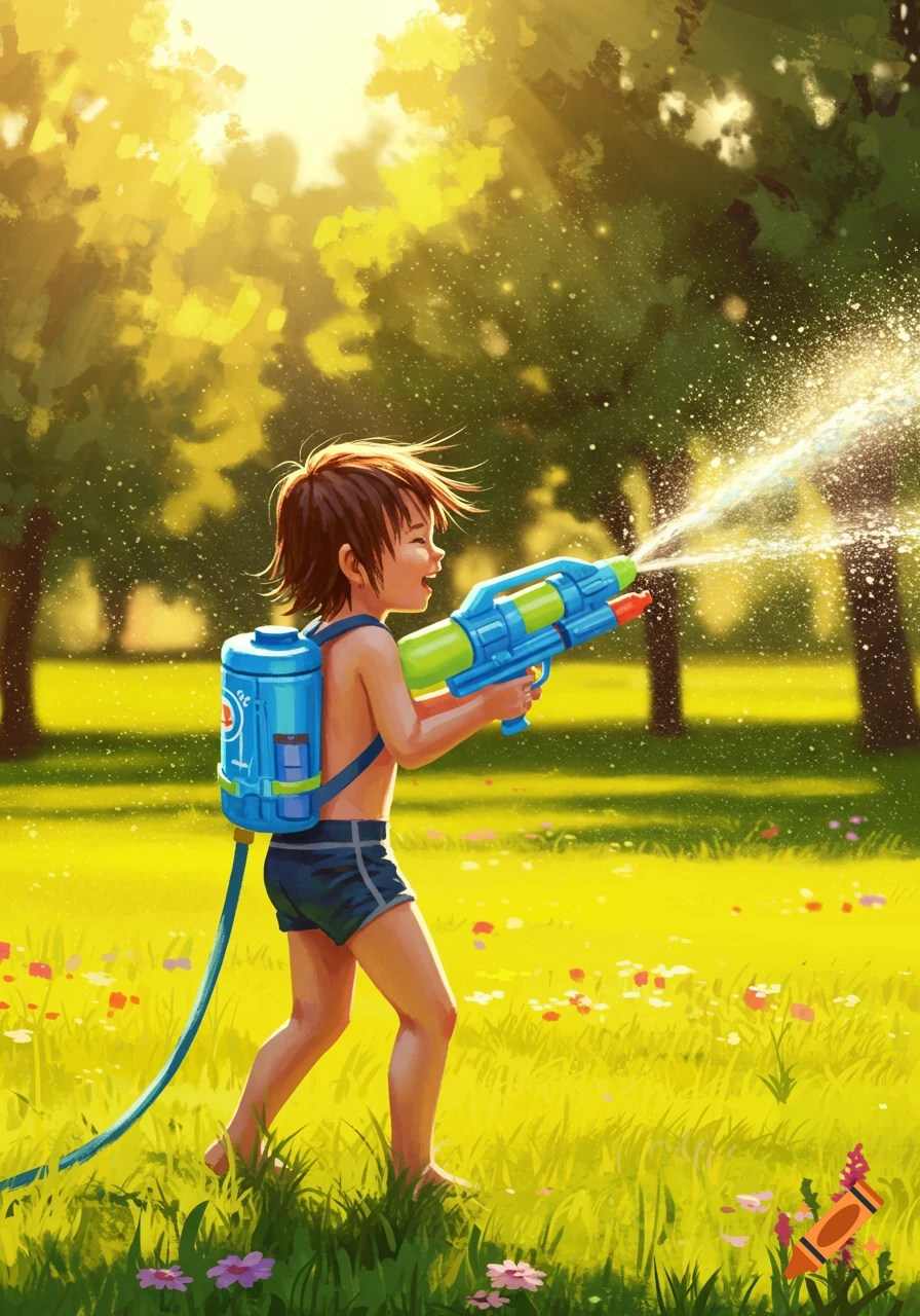 A young boy, smiling and barefoot, sprays water from a blue and green backpack water gun in a sunny, grassy field.