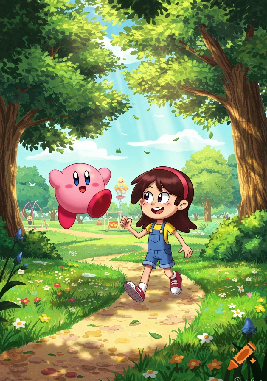 Kirby and Sid Chang walk on a path through a sunny, lush park with trees and colorful flowers, in a cartoon style.