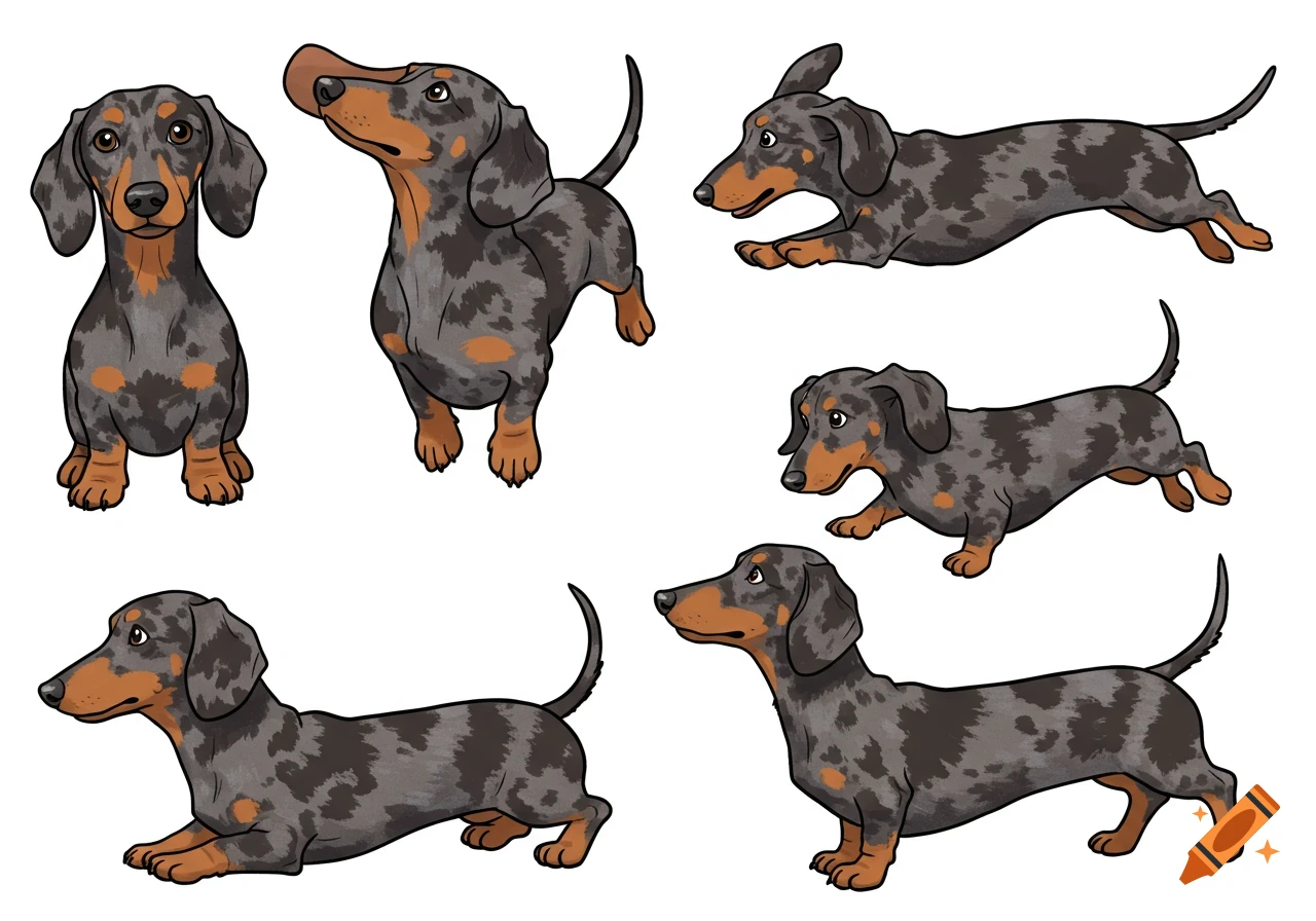 Six vector cartoon dapple mini dachshund dogs in different poses on a white background.