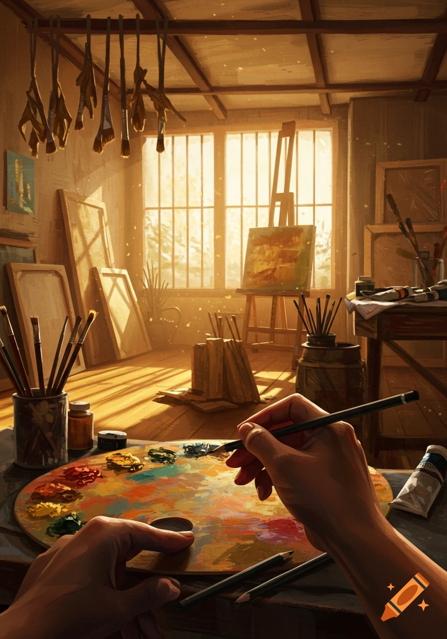 First-person view of hands painting on a colorful palette in a sunlit artist's studio, surrounded by easels and supplies, in an illustration style.