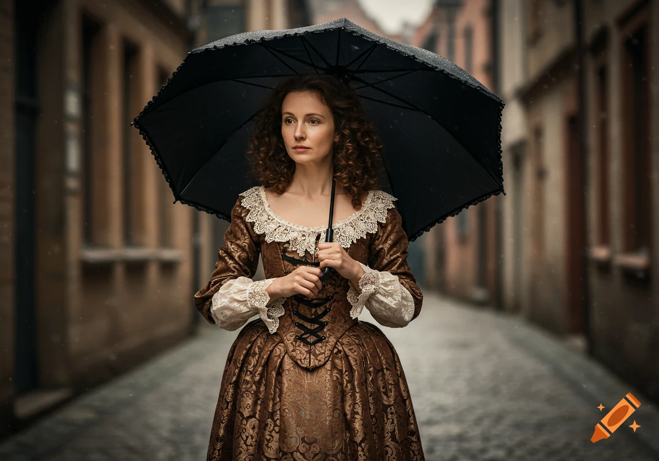 A woman in a brown Baroque-style dress and white lace collar holds a black umbrella while standing on a cobblestone street.