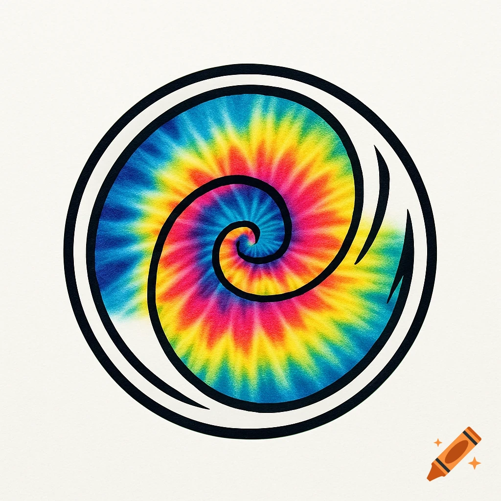 A colorful tie-dye spiral design within a black circular outline against a white background.