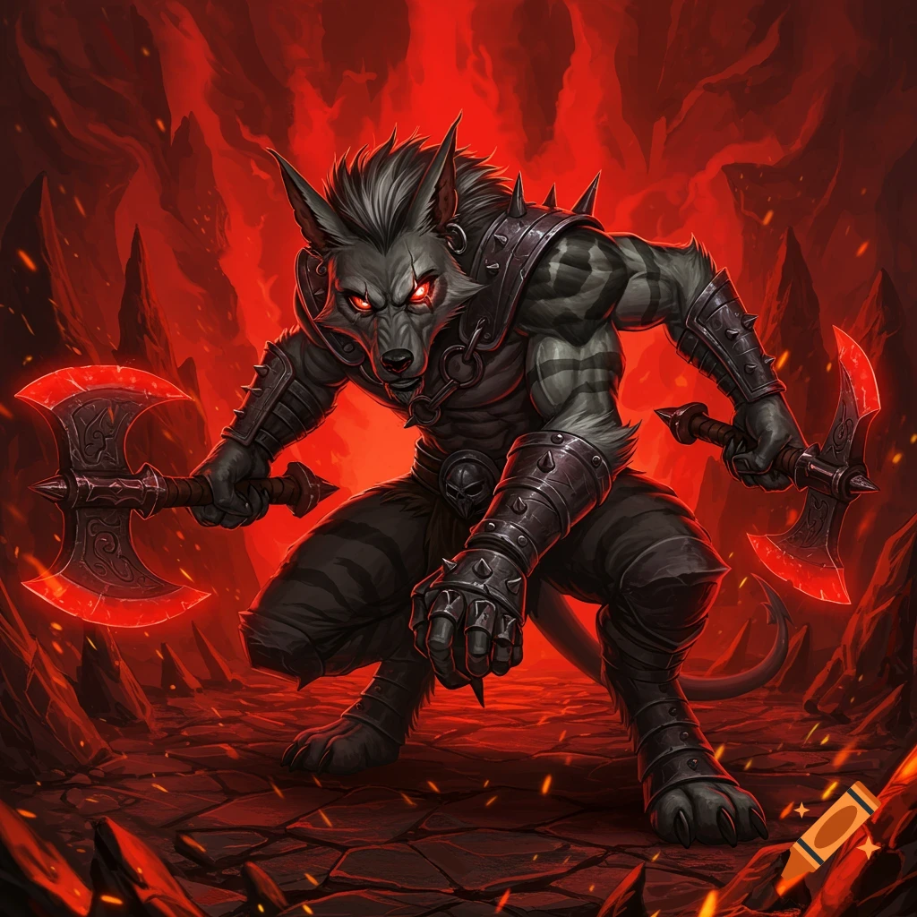 A gray and black wolf-like hellhound in spiked armor crouches, holding two glowing red battle axes in a fiery hellscape.