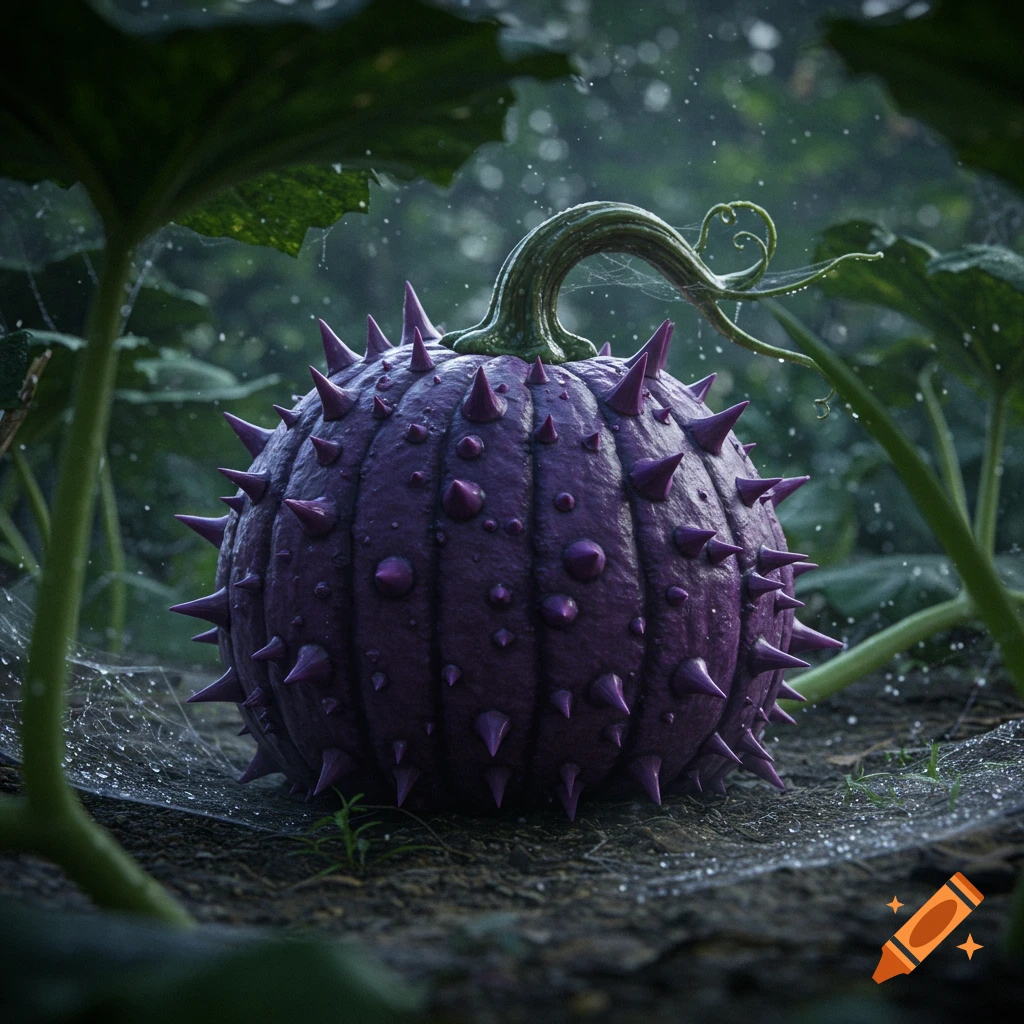 Photorealistic image of a spiky purple squash on forest ground with large green leaves and spiderwebs with dew drops.
