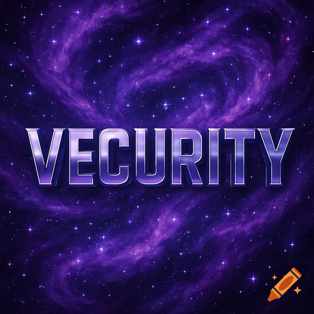 The word VECURITY in metallic purple letters against a swirling purple galaxy background with bright stars.