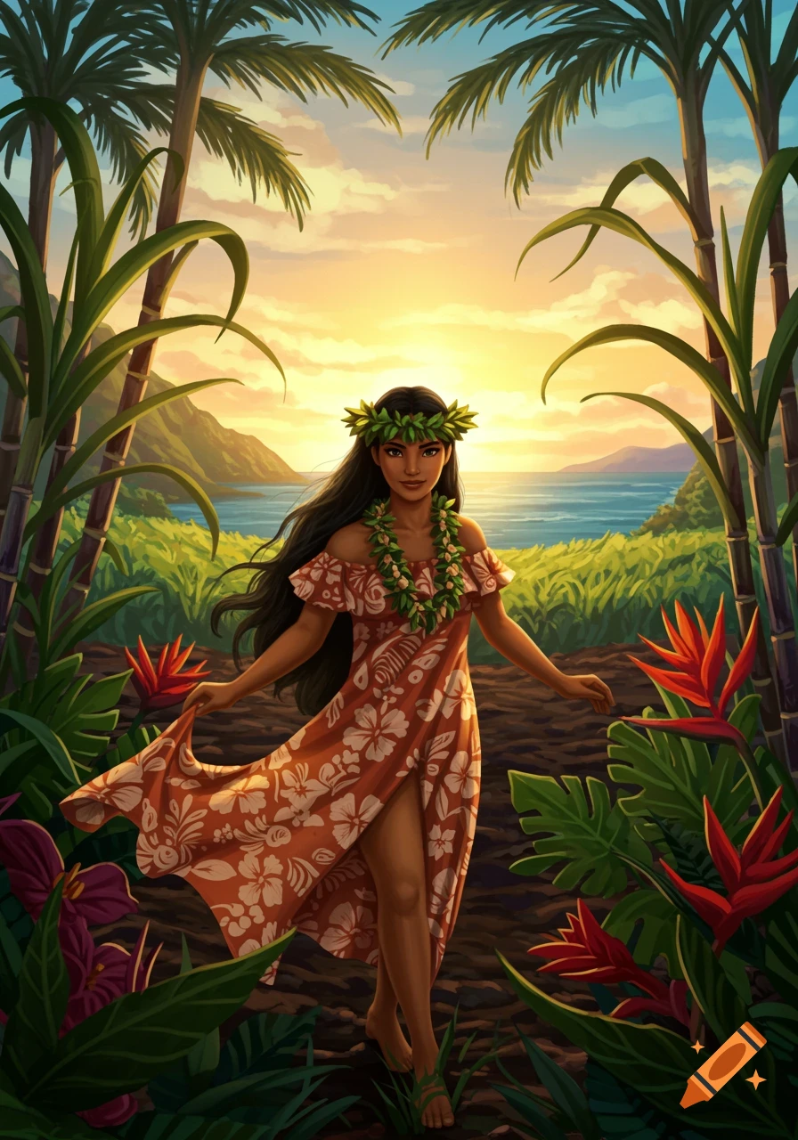 A woman in a floral dress and lei walks through a lush tropical landscape with palm trees and an ocean view at sunset, digital painting.