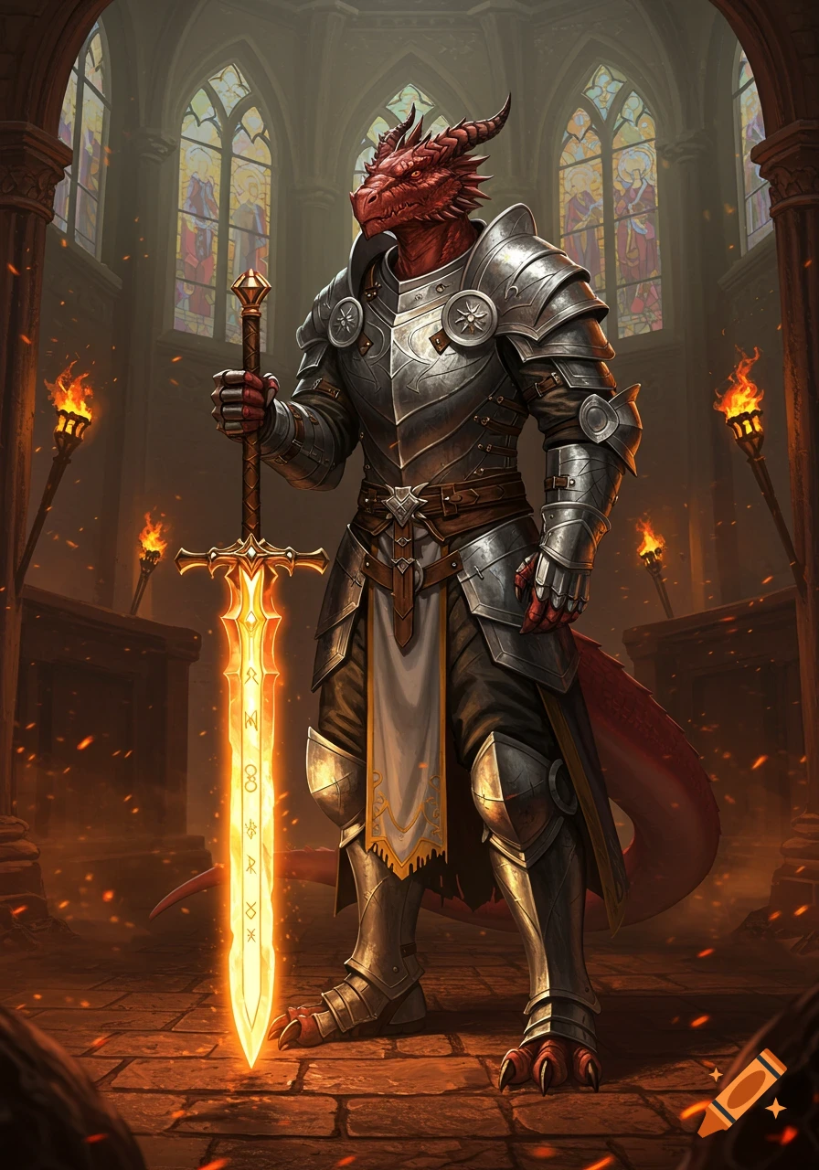 A red dragonborn paladin in shining silver armor holds a glowing runic sword in a torchlit stone hall with stained glass windows.