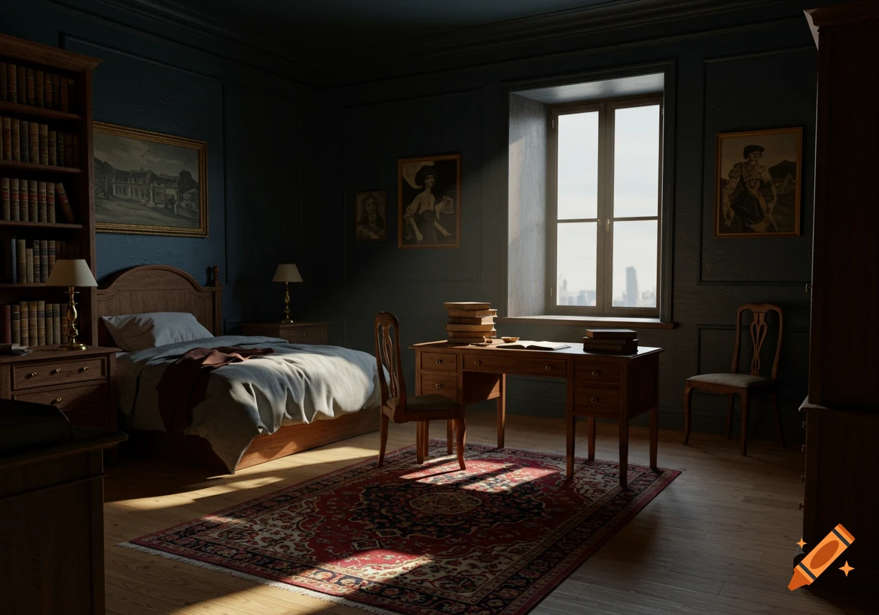A dark academia style bedroom with a bed, a desk with books, a bookshelf, and a window with sunlight streaming in.