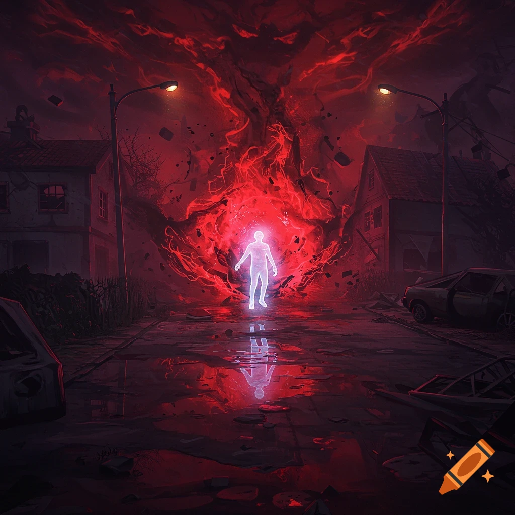 A glowing white figure stands on a dark, destroyed street amidst swirling red energy, with ruined buildings and a car under a red sky.