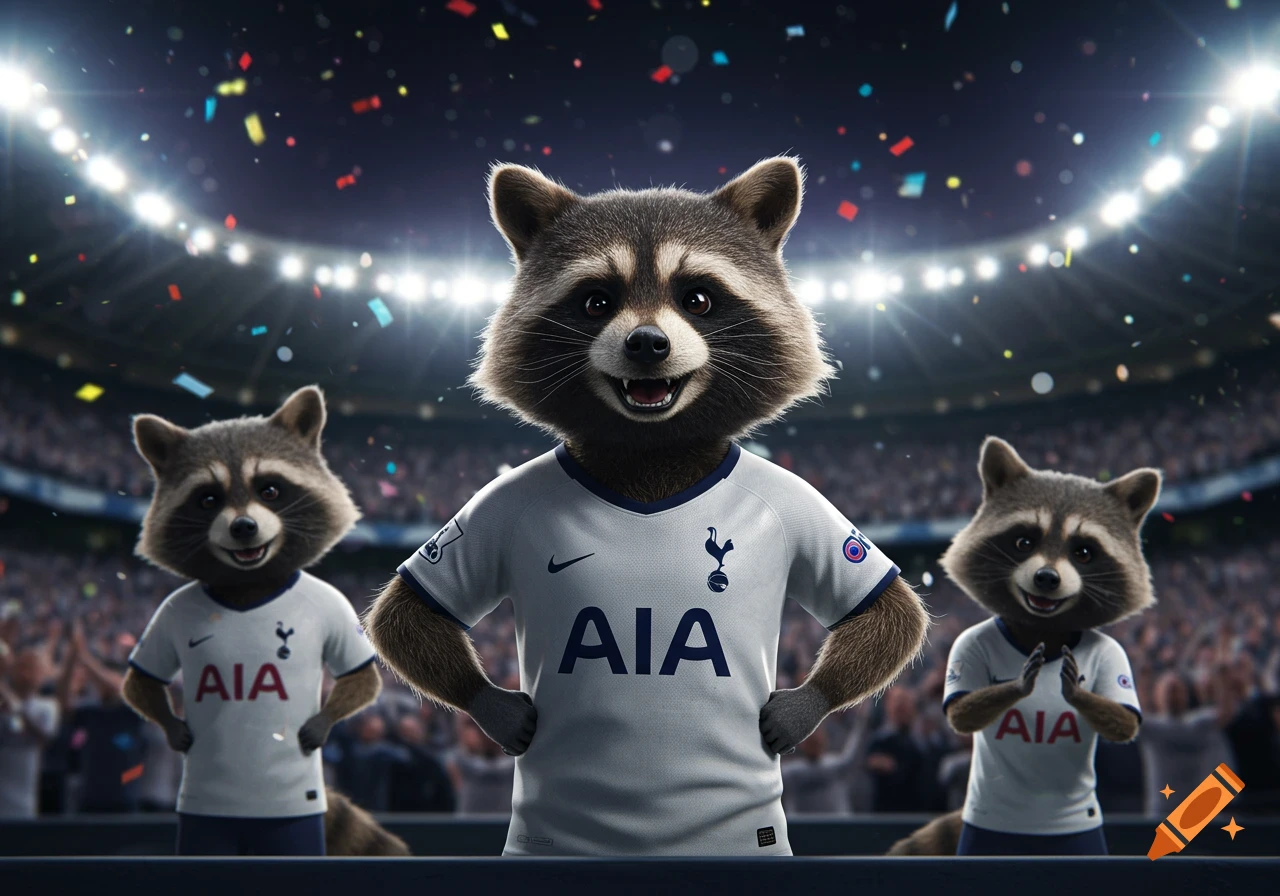 Three anthropomorphic raccoons wearing Tottenham Hotspur football shirts in a crowded stadium with confetti falling, photorealistic style.