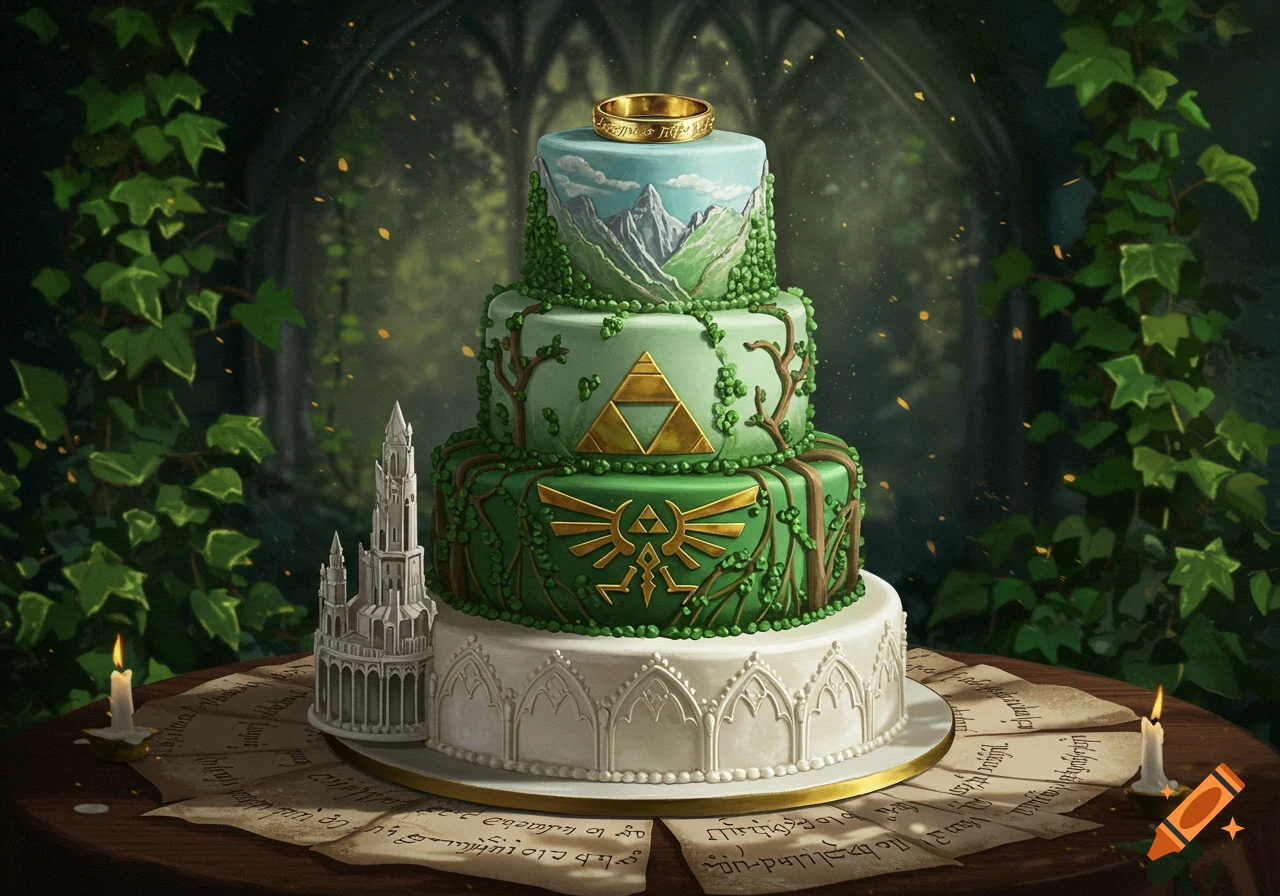 A multi-tiered wedding cake inspired by Lord of the Rings and The Legend of Zelda, with a gold ring on top and a castle replica beside it.