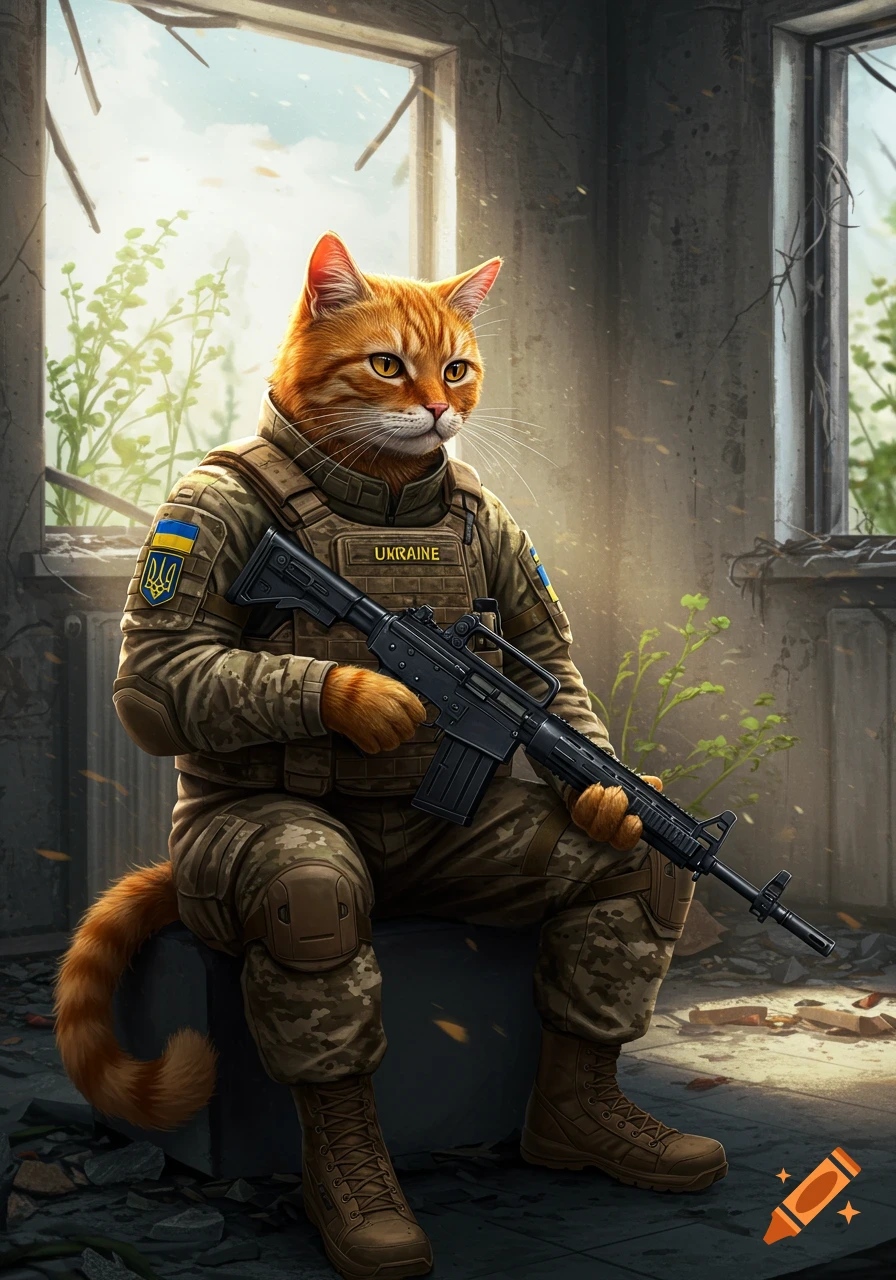 An anthropomorphic orange tabby cat in a Ukrainian military uniform, holding a rifle, sits in a ruined building.