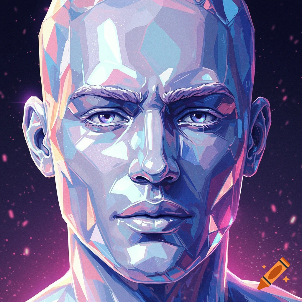 A close-up digital art portrait of a man's face made of glowing, multifaceted blue and purple crystal, against a dark, starry background.