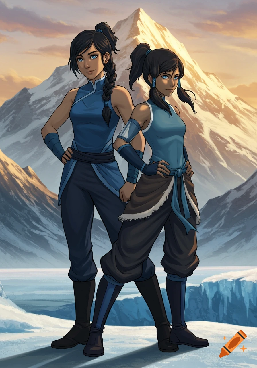Two animated women resembling Korra from Avatar stand in a snowy mountain landscape at sunset.