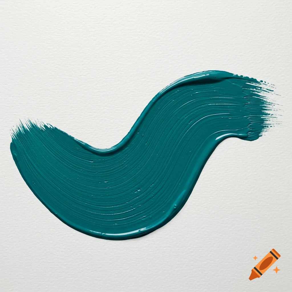 A vibrant teal acrylic paint brushstroke on a textured white background.