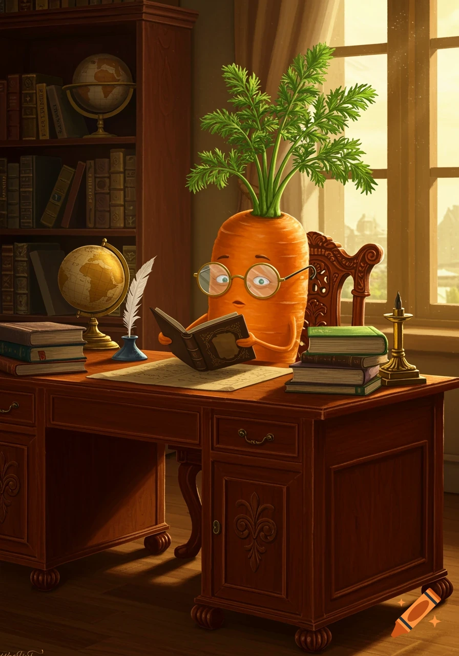 An anthropomorphic cartoon carrot wearing glasses reads a book at a wooden desk in a sunlit study, surrounded by books and globes.