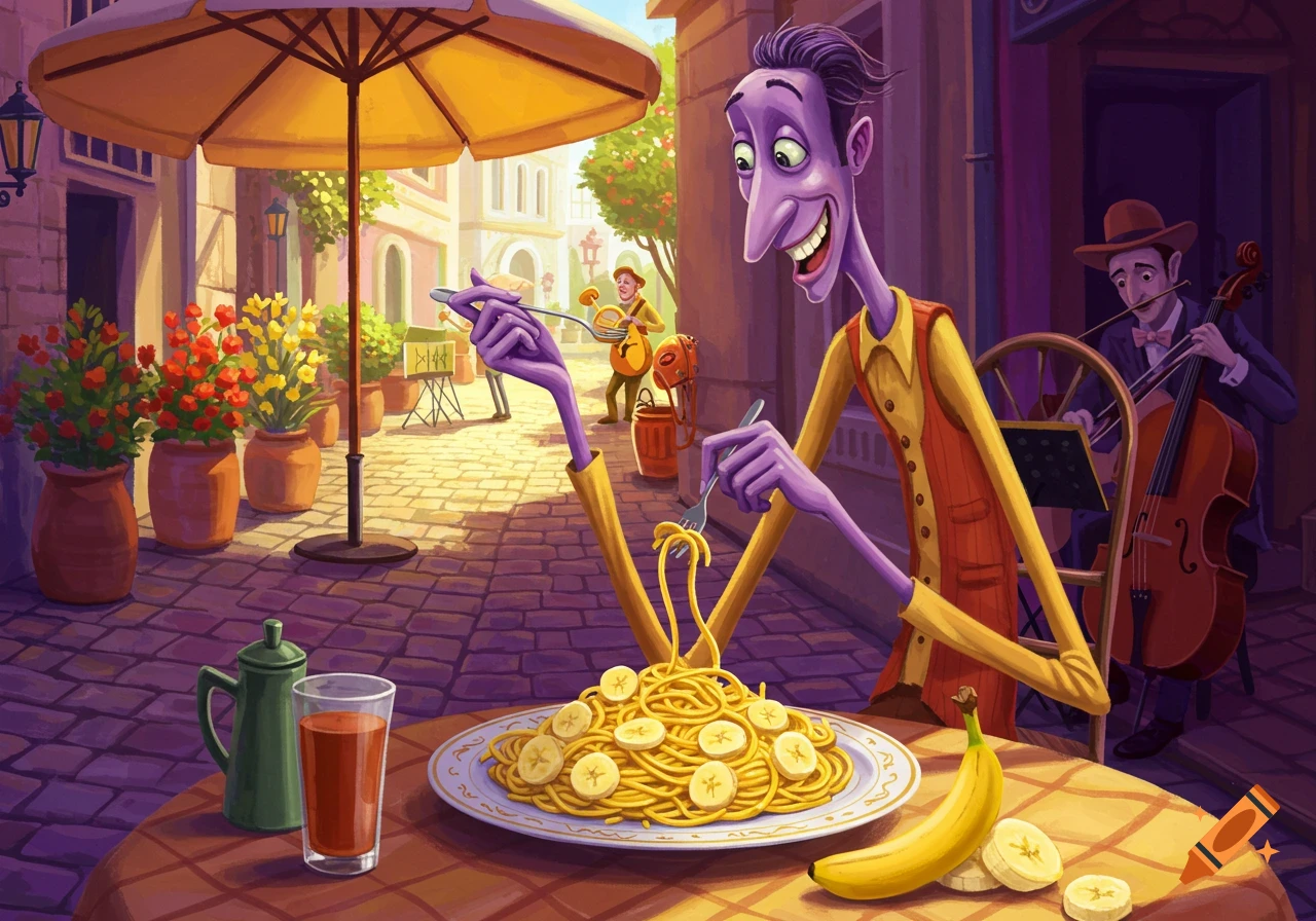 Cartoon of a smiling purple-skinned man eating spaghetti with banana slices at an outdoor cafe, with a cellist in the background.